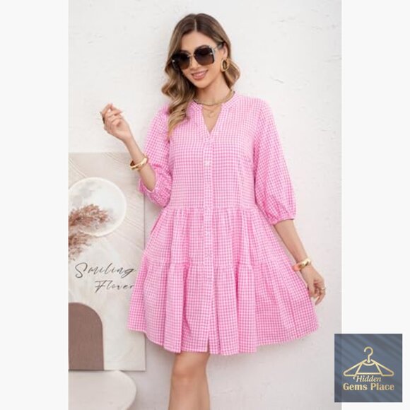 Plaid Shirt Dress with Puff Sleeves, Pockets, Midi Length, Casual Fit - Picture 2 of 7